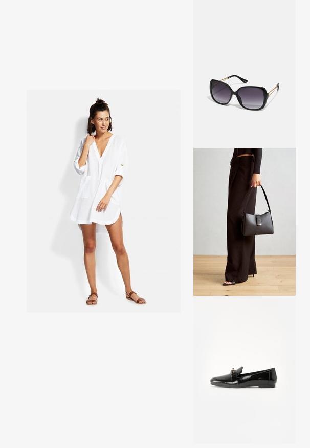Bílá, lehká košilová šaty s výstřihem do V, tříčtvrtečními rukávy, předními kapsami a volným střihem. Obsahují minimální detaile šití.; Černé lakované mokasíny s plochou podrážkou, zaoblenou špičkou a ozdobným páskem se zlatým akcentem. Hladký, lesklý povrch.; Černé oversized sluneční brýle se gradientními skly, silnými rámy a zlatými řetízkovými detaily na nožičkách.; Černá kabelka se strukturovaným tvarem, hladkým povrchem a kovovým uzávěrem. Kombinována s širokými černými kalhotami a sandály s otevřenou špičkou na dřevěné podlaze.