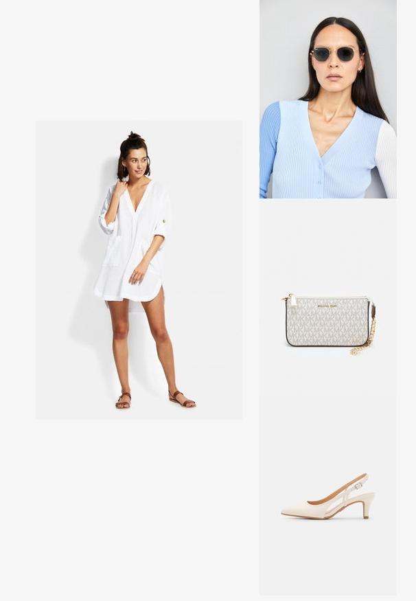 Weißes, leichtes Hemdkleid mit V-Ausschnitt, dreiviertelÄrmeln, Fronttaschen und lockerer Passform. Verfügt über minimale Nähdetails.; Weiße Slingback-Absätze mit spitzer Zehenpartie, glattem Obermaterial, niedrigem Blockabsatz und seitlichem Ausschnitt-Design mit verstellbarem Schnallenriemen.; Runde Sonnenbrillen mit dunklen Gläsern und goldenen Rahmen. Das Modell trägt eine hellblaue, gerippte Strickjacke mit Knöpfen und weißen Kontrastärmeln.; Michael Kors Clutch in beige beschichtetem Canvas mit einem wiederholten MK-Logo-Muster, goldfarbener hardware und einem abnehmbaren Kettenriemen.