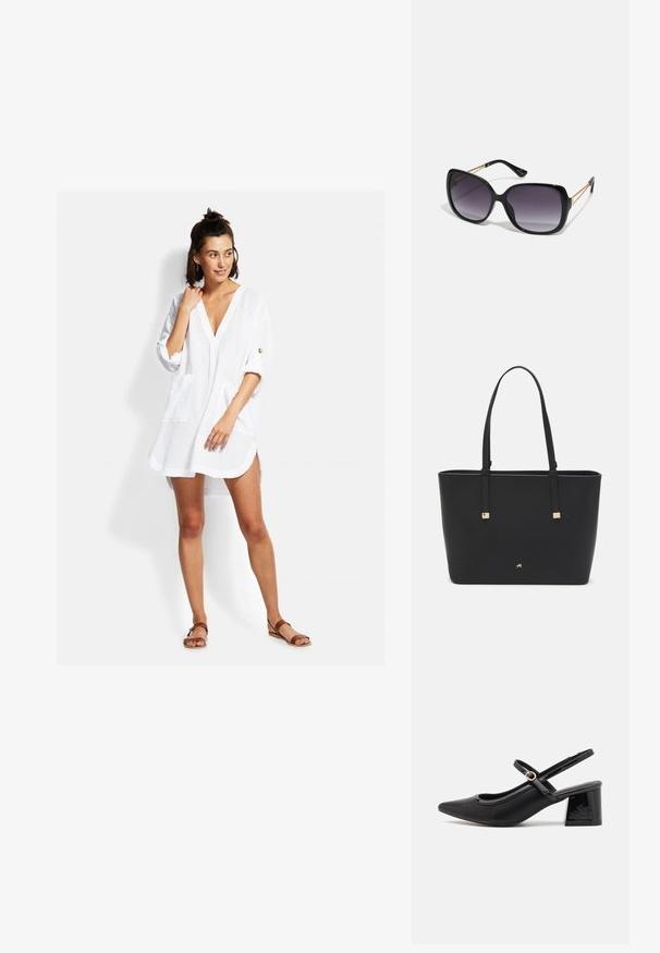 Weißes, leichtes Hemdkleid mit V-Ausschnitt, dreiviertelÄrmeln, Fronttaschen und lockerer Passform. Verfügt über minimale Nähdetails.; Schwarze Lackleder-Slingback-Absätze mit spitzer Zehenform, einem runden Ausschnitt-Design und einem Blockabsatz. Mit einem goldfarbenen Schnallenakzent.; Schwarze übergroße Sonnenbrille mit getönten Gläsern, dicken Rahmen und goldfarbener Kettendetaillierung an den Bügeln.; Schwarze Tragetasche aus synthetischem Material, mit einfachem rechteckigem Design, goldenen quadratischen Akzenten und doppelten Griffen.
