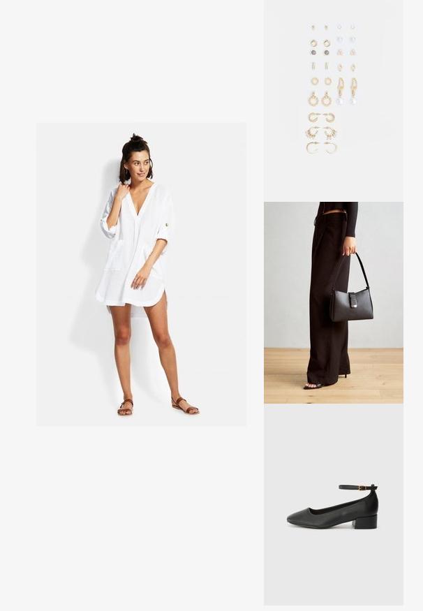 White, lightweight shirt dress with a V-neck, three-quarter sleeves, front pockets, and a relaxed fit. Features minimal stitching details.; Black leather pump with a pointed toe and a low block heel. Features an ankle strap with a gold-tone buckle. Smooth texture.; Black handbag with structured shape, smooth texture, and a metallic clasp. Paired with wide black pants and open-toe sandals on wooden floor.; Set of gold-tone earrings featuring various designs, including studs, hoops, and dangling pieces with pearls and rhinestones.