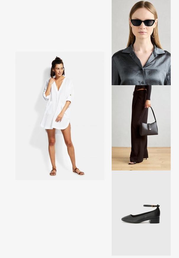 Valkoinen, kevyt puseromekko, jossa on V-pääntie, kolmannen vartalon mittaiset hihat, etutaskut ja rento mitoitus. Sisältää minimaalista ompelu yksityiskohtia.; Mustat nahkakengät, joissa on terävä kärki ja matala lohkare korko. Varustettu nilkkahihnalla, jossa on kultasävyinen solki. Lisää sileä pinta.; Mustat kissankorvat aurinkolasit kiiltävällä pinnalla, käytettynä harmaassa napilliseen paitaan, jossa on kaulus. Suuret renkaat korvakorut ovat näkyvissä.; Musta käsilaukku, jossa on rakenteellinen muoto, sileä pinta ja metallinen solki. Yhdistetty leveisiin mustiin housuihin ja avonaiheisiin sandaaleihin puulattialla.