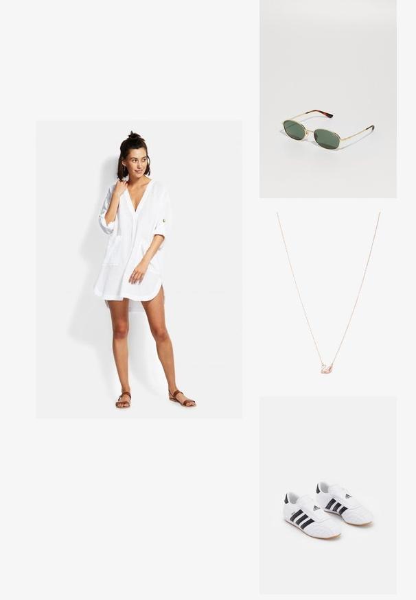 Rochie albă, ușoară, tip cămașă, cu decolteu în V, mâneci trei sferturi, buzunare frontale și o croială lejeră. Prezintă detalii de cusătură minime.; Încălțăminte sport albă cu dungi negre, având o textură asemănătoare unui suede, vârful rotund și o curea de Velcro. Talpa din cauciuc oferă tracțiune.; Ochelari de soare ovali cu lentile verde închis. Cadru din metal cu nuanță de aur și accente din tortoiseshell maro pe tije. Design minimalist.; Colier din aur roz cu un pandantiv în formă de lebădă, embellisat cu cristale clare. Lanțul are un design delicat cu verigi.