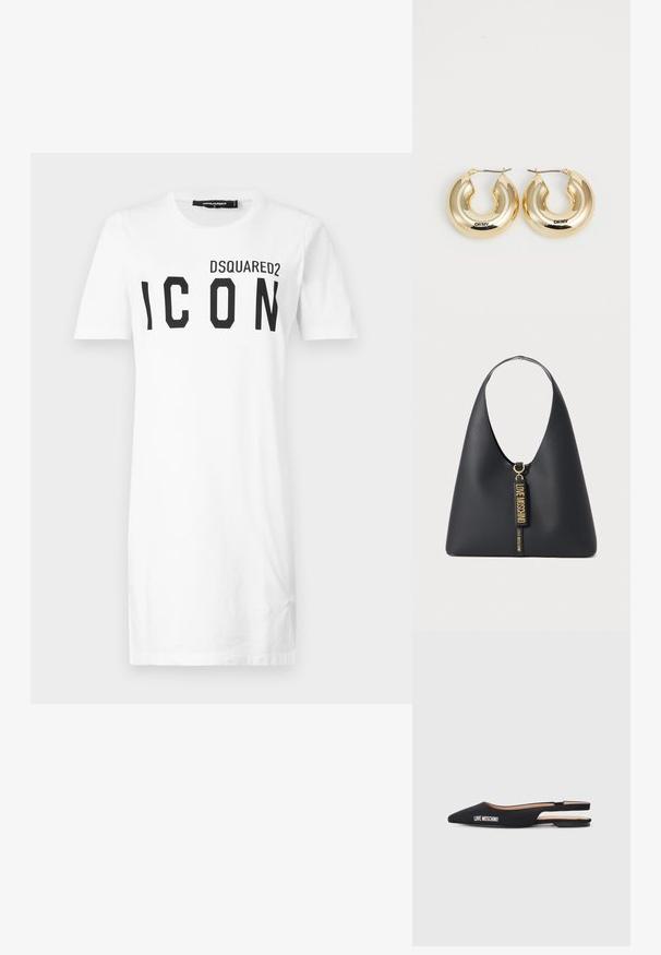 Weißes Baumwoll-T-Shirt mit kurzen Ärmeln, das einen schwarzen auffälligen "ICON"-Druck und das "DSQUARED2"-Logo darüber zeigt. Klassischer Rundhalsausschnitt.; Schwarze Slingback-Flats mit spitzen Zehen, aus glattem Material. Sie verfügen über das weiße "LOVE MOSCHINO"-Branding und ein minimalistisches Design.; Schwarze Leder-Schultertasche mit einem breiten Riemen, goldenen Beschlägen und zwei Anhängern, die mit "LOVE MOSCHINO" in goldenen Buchstaben geprägt sind.; Goldene Creolen mit einem glatten, abgerundeten Design und einer glänzenden Oberfläche, ausgestattet mit einem Verschluss zur Sicherung. Mit "DKNY" graviert.