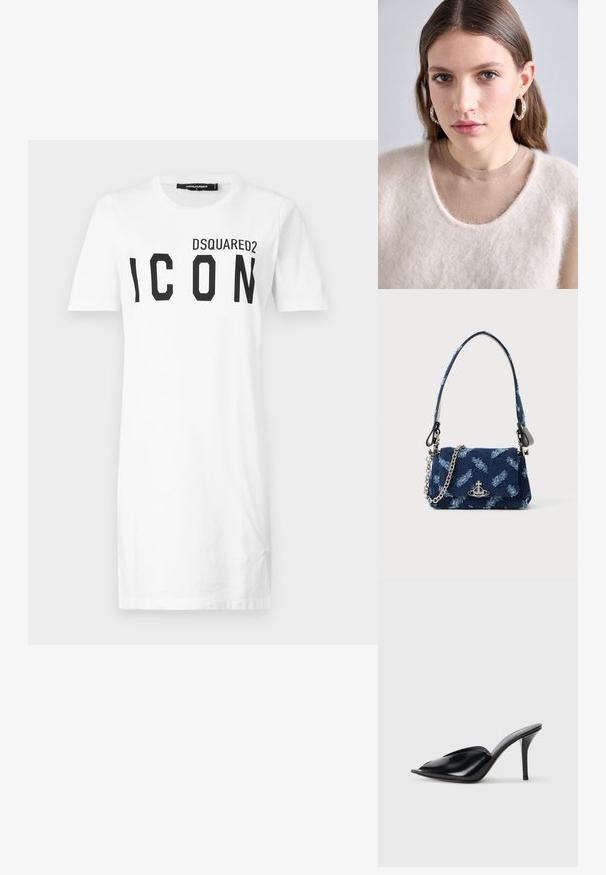 White cotton T-shirt with short sleeves, featuring a black bold "ICON" print and "DSQUARED2" logo above. Classic crew neckline.; Black leather high-heeled mules with an open toe, pointed design, smooth texture, and a slim stiletto heel.; Navy blue fabric handbag with a textured design, silver hardware, and a detachable chain strap. Features a flap closure and logo accent.; Light beige knit sweater with a fuzzy texture and wide neckline, layered over a fitted brown shirt. The model wears silver hoop earrings.