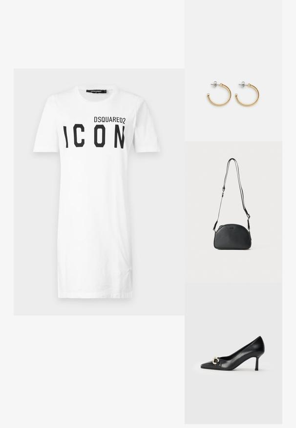 T-shirt en coton blanc à manches courtes, avec un imprimé noir en gras "ICON" et le logo "DSQUARED2" au-dessus. Col rond classique.; Escarpin en cuir noir avec un bout pointu et un talon de 7 cm. Accent notable en métal doré en forme de cœur sur le côté. Texture lisse dans l'ensemble.; Sac bandoulière en cuir noir avec une forme arrondie, deux sangles réglables et un logo discret à l'avant. Texture extérieure et design minimaliste.; Boucles d'oreilles en or avec un design en corde torsadée, tiges en argent et accents carrés. Fini métallique lisse avec un look poli.