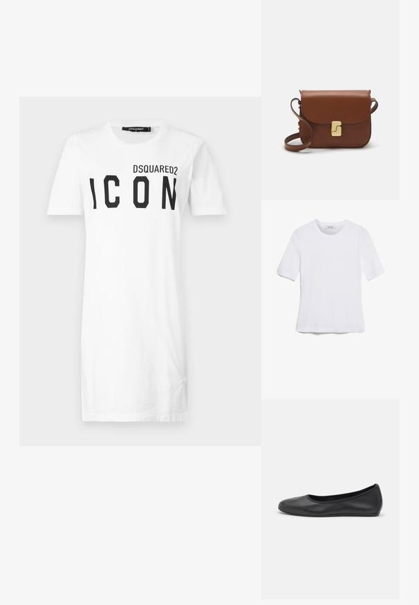 Valge puuvillane T-särk lühikeste varrukatega, millel on must julge "ICON" trükk ja "DSQUARED2" logo ülal. Klassikaline ümar kaelus.; Valge lühikeste varrukatega T-särk ribatud kangast. Ümara kaelusega, tavalisest sobivusest ja peente õmbluse detailidega. Ilma mustrite või graafikateta.; Musthave mustika tantsutossud mustast nahast, ümmarguse varbaga, siledast tekstuurist, minimaalse õmblusdetailiga ja paindliku tallakujundusega.; Pruunist nahast käekott, millel on klapiga sulgur, kuldne riistvara, õlarihm ja sile tekstuur. Kompaktne ristkülikukujuline vorm.