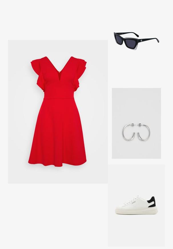 Sarkans kleita ar V veida izgriezumu un plandīgām piedurknēm. Pieguļošs augšdaļa, izplūstoša svārku daļa, gluda virsma un smalks rāvējslēdzējs aizmugurē.; Baltas ādas sporta apavi ar biezu balto zoli, melna zamša uzpura un izspiestais logotips sānos. Šņorējuma dizains ar sešiem acu caurumiem.; Melni pārmēru saulesbrilles ar ģeometrisku formu, kas aprīkotas ar tumšiem stikliem un kontrastējošu pelēku akcentu uz rāmja. Logo uz kājas.; Sudraba riņķveida auskari ar gludu, spīdīgu apdari. Apaļas formas, viegla dizaina, ar aizdari uz stieples.