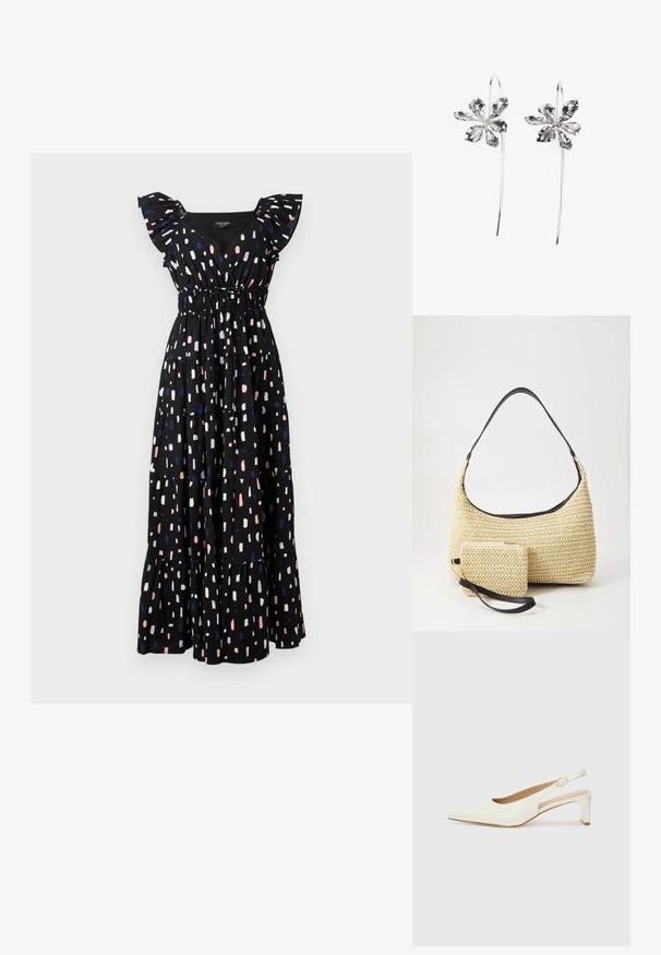 Rochie maxi neagră cu un design în straturi, având mâneci volanate și talie elastică. Are un model abstract colorat în roz, alb și albastru.; Pantofii slingback din piele lăcuită albă, cu vârful ascuțit și toc mic pe bloc. Dispun de o curea subtilă cu un detaliu în nuanță de aur.; Geantă din paie țesută, cu o siluetă curbată, având o curea din piele neagră netedă și un plic mic asortat, atașat printr-un breloc pentru încheietură.; Cercei argintii în formă de floare cu un finisaj texturat, având cârlige lungi și detalii asemănătoare petalelor pentru un design complex.