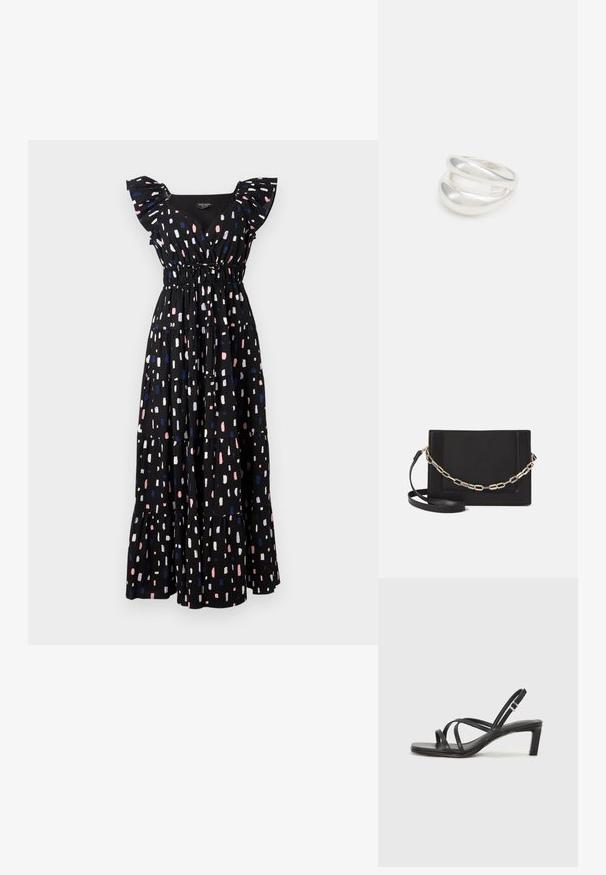 Mustakleid, millel on kihiline disain, koos volangkäiste ja smockitud vööga. Sellel on värvikas abstraktne muster roosa, valge ja sinise värviga.; Mustast rihmajalatsid ruudukujulise varba ja madala ploki kontsaga. Omab mitmeid õhukesi rihmasid ja reguleeritavat pahkluu rihma. Valmistatud siledast nahast.; Mustast nahast õlakott, mis omab siledat tekstuuri, ristküliku kuju ning esiküljel metallketi detaili. Reguleeritav rihm on kaasas.; Hõbedane kahekordne rõngas sujuva, poleeritud pinnaga. Omab voolavat, kõverat disaini, millel on kattuvad sektsioonid, et saavutada kaasaegne ilme.