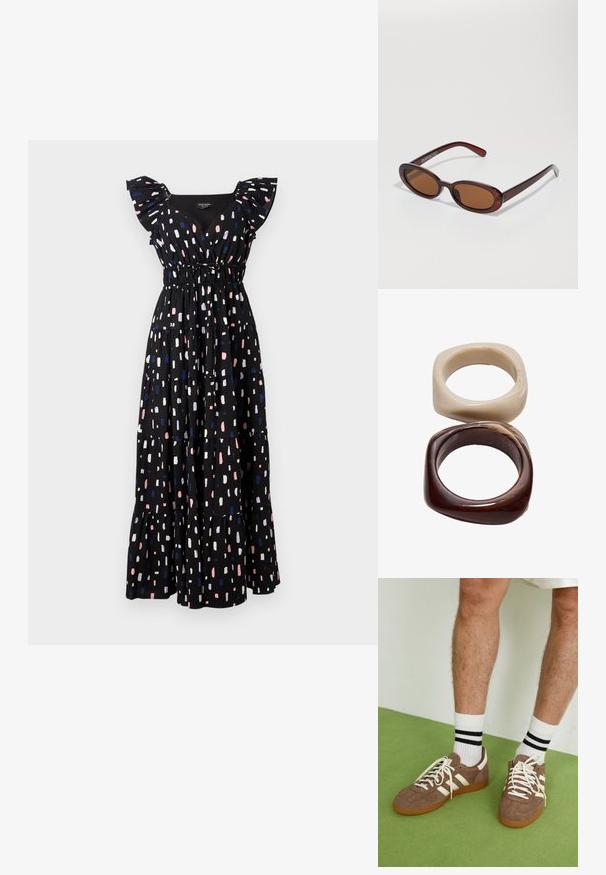 Schwarzes Maxikleid mit gestuften Design, featuring Rüschensäume und einen smockierten Bund. Es hat ein farbenfrohes abstraktes Muster in Rosa, Weiß und Blau.; Braune Wildleder-Sneaker mit weißen Akzenten und Schnürsenkeln. Gummisohle in Kautschuk-Optik. Getragen mit weißen Socken, die schwarze Streifen haben. Grüner strukturierter Fußboden.; Runde, braun getönte Sonnenbrillen mit einem glänzenden burgunderfarbenen Rahmen. Schlanke Bügel mit dezentem Branding. Flaches Linsendesign.; Stradivarius SET - Armband - dark brown