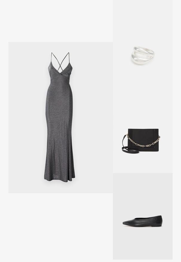 Metallik hall maksikleit, millel on sobiv kehaosa, V-kaelus ja ristatud spagetihihnad. Laienev alumine serv lisab liikumist ja kuju.; Musthave mustris balletkingad, terav nina, minimaliseeritud disain, sile pind, madal konts, ilma nähtava riistvara või kaunistusteta.; Mustast nahast õlakott, mis omab siledat tekstuuri, ristküliku kuju ning esiküljel metallketi detaili. Reguleeritav rihm on kaasas.; Hõbedane kahekordne rõngas sujuva, poleeritud pinnaga. Omab voolavat, kõverat disaini, millel on kattuvad sektsioonid, et saavutada kaasaegne ilme.