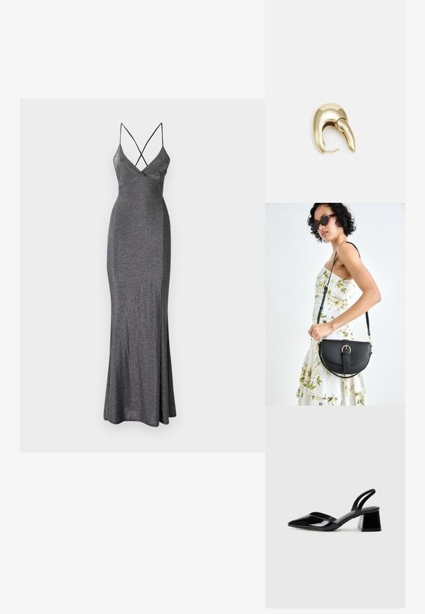 Metalicky šedé maxi šaty s přiléhavým korzetem, výstřihem do V a kříženými ramínky na tenkých špagetách. Zvonový lem dodává pohyb a tvar.; Černé lakované kožené lodičky na pásku s špičatou špičkou a geometrickým blokovým podpatkem. Vyznačují se elegantním, minimalistickým designem a hladkým povrchem.; Černá kožená kabelka s křivkovým tvarem, odnímatelným popruhem a zlatými detaily. Kabelka má klopu s přezkou.; Náušnice ve zlatém tónu z kovu s elegantním zakřiveným designem. Vyznačují se jedinečným špičatým tvarem, lesklým povrchem a závěsem na kloub.