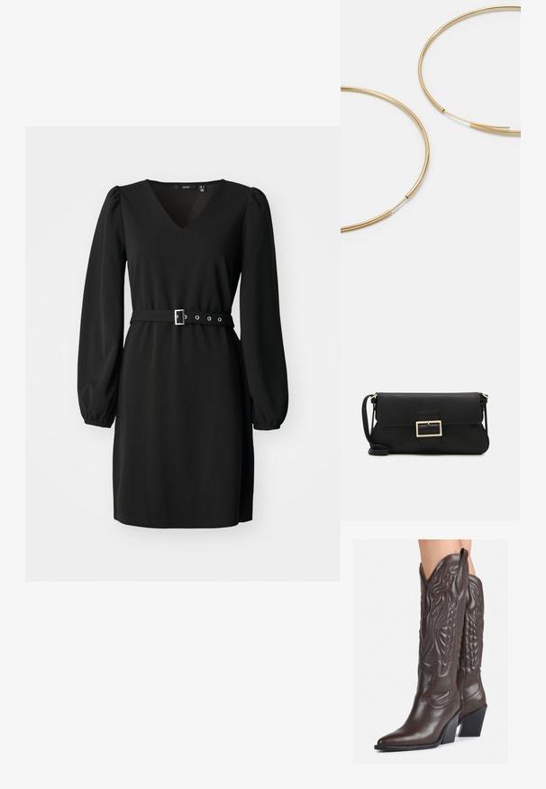 Must mustre, millel on V-kujuline kaelus ja pikad puhvärvlid. Omab kitsast taljet, mida rõhutab vöö ja hõbedane klamber, sile tekstuuriga kangas.; Pruunid nahast cowboy saapad terava varbaga ja plokk-kandaga, millel on detailne tikand ja kergelt tõstetud aktsendid varrel.; Must haben musta nahkklahviga kott, millel on klapp ja kuldne metallist pandla detail. Kaasas must rihm ja stiilne, minimalistlik disain.; Kulla värvi nõelad, õhukesed ja ümmargused, millel on sile metallist pind ja ilma kaunistuste või mustriteta.