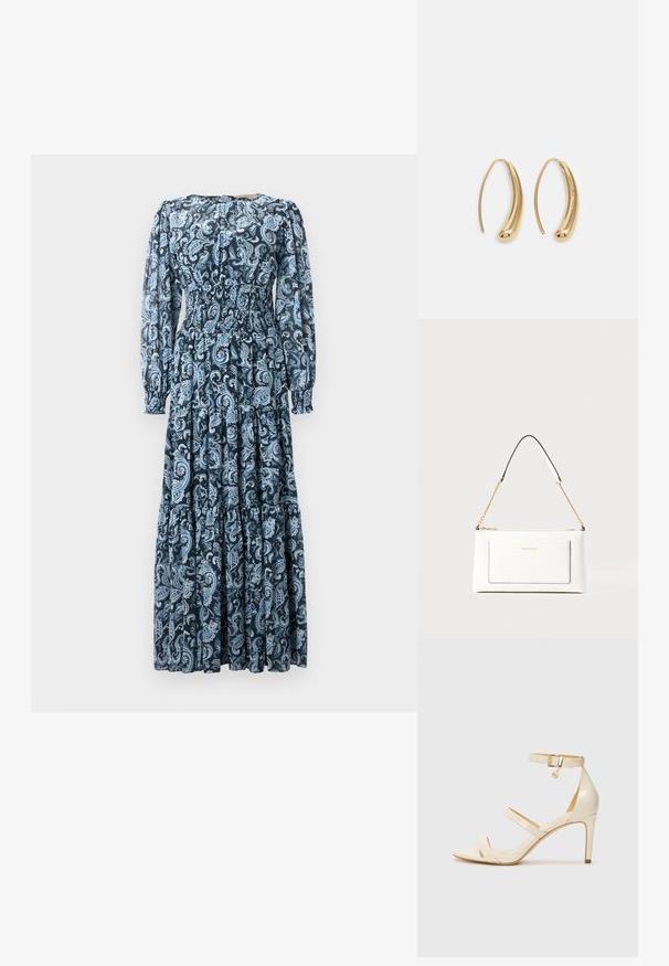 Maxi φόρεμα σε σκούρο μπλε με σχέδιο paisley σε ανοιχτό μπλε. Διαθέτει μακριά μανίκια, ζώνη στη μέση και φούστα με στρώσεις.; Μπεζ ψηλοτάκουνα σανδάλια με λεπτό λουράκι στον αστράγαλο και δύο επάνω λουράκια. Λαμπερή πατενέ φινίρισμα και χρυσές λεπτομέρειες στο λουράκι του αστραγάλου.; Λευκή δερμάτινη τσάντα με υφή, διαθέτει χρυσή αλυσίδα και μαύρες λεπτομέρειες. Περιλαμβάνει μπροστινή τσέπη και κλείσιμο με φερμουάρ.; Χρυσές μεταλλικές σκουλαρίκια κρίκοι με καμπυλωτό, ελκυστικό σχήμα. Περιλαμβάνουν μια λεία, γυαλιστερή επιφάνεια και στρογγυλή άκρη για πρόσθετη λεπτομέρεια.
