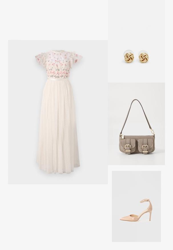 Robe maxi blanche avec un corsage brodé de fleurs, des manches bouffantes et une jupe en tulle texturé à plusieurs couches, ornée de pois.; Chaussure à talon aiguille en cuir verni nude, avec une sangle de cheville et un bout pointu, présentant une texture lisse et un design minimaliste.; Sac à main beige texturé avec une bandoulière réglable, deux poches avant fermées par des boucles, et des accents en doré. Fermeture éclair en haut.; Boucles d'oreilles avec clou en métal doré et design torsadé. Chaque boucle d'oreille est dotée d'un arrière transparent circulaire pour un port sécurisé.