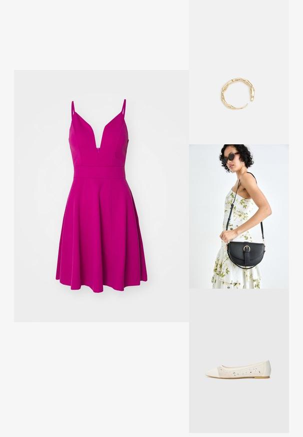 Fuksija haljina s tankim trakama, dubokim V-izrezom, pripijeno tijelo i lepršava suknja. Izrađena od glatkog materijala s zatvaračem na leđima.; Balerina s izduženim vrhom od krem kože s prozirnim gornjim dijelom i raspršenim rhinestones. Mekana potplat za udobnost, minimalistički dizajn.; Crna kožna torba s lukovitim oblikom, odvojivim remenom i zlatnim detaljima. Torba ima preklop s kopčom.; Prsten u zlatnoj nijansi s organskim, uvijenim dizajnom, glatkom teksturom i suženim krajevima, koji stvara moderan, skulpturalni izgled.