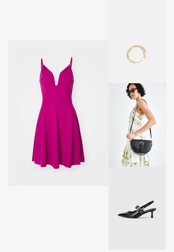 Fuksijos spalvos suknelė su plonomis petnešėlėmis, giliu V formos iškirpimu, prigludusia liemenėle ir išsiplėtusiu sijonu. Pagaminta iš lygios medžiagos, užsegama zipu nugaroje.; Juodai lakuoti slingback aukštakulniai su smailiu kojų pirštu ir mažais blokiniais kulniukais, su sidabro sagtimi ant dirželio.; Juodas odinis krepšys su išlenkta forma, nuimamu dirželiu ir auksiniais detalėmis. Krepšys turi kilpą su sagtimi.; Auksinės spalvos žiedas, turintis organišką, sukimosi dizainą su lygiu paviršiumi ir siaurėjančiais galais, sukuriantis modernią skulptūrinę išvaizdą.