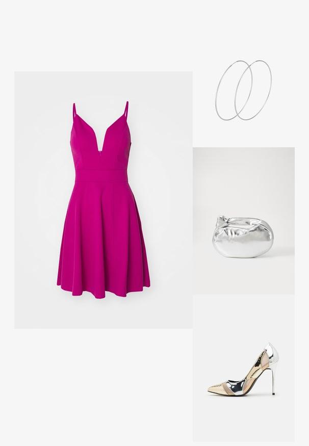Fuksija haljina s tankim trakama, dubokim V-izrezom, pripijeno tijelo i lepršava suknja. Izrađena od glatkog materijala s zatvaračem na leđima.; Cipele s visokom potpeticom i špicastim vrhom u srebrnoj, zlatnoj i nude boji. Sjajan finiš s izrezbarenim dizajnom, s potpeticom u obliku stiletto.; Srebrna metalik torbica s mekim, zaobljenim oblikom i čvorastim zatvaranjem na vrhu. Izrađena od glatke sintetičke kože.; Srebrne okrugle naušnice s minimalističkim dizajnom. Kružni oblik, glatka tekstura i tanak profil. Lagane s poliranim završetkom.