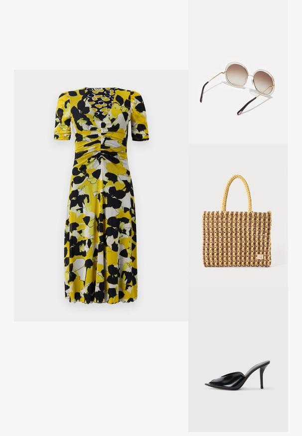 Lillelille trükk, kus on kollane, must ja valge muster, V-kaelus, lühikesed varrukad ja kogumise detail talje juures.; Mustad nahast kõrge kontsaga mulad avatud varbaga, terava disainiga, siledapinnalised ja kitsaste stilettokontsadega.; CHLOÉ CARLINA OVERSIZED ROUND METAL SUNGLASSES - Päikeseprillid - gold-coloured/brown; Kootud kott pruunis ja kollases, millel on ristkülikukujuline kuju, kaks käepidet ja tekstureeritud viimistlus koos nähtava õmblusega ning brändi sildiga.