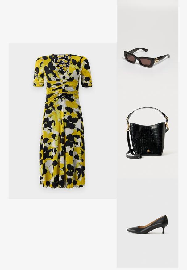 Rochie cu imprimeu floral, având un model galben, negru și alb, decolteu în V, mâneci scurte și detalii pliate la talie.; Pantofii din piele neagră au vârful ascuțit, toc mic și o textură netedă. Au o deschidere ușoară în față și un hardware minim în spate.; Ochelari de soare tortoiseshell negri cu lentile dreptunghiulare, nuanță de maron, ramă groasă și detaliu cu logo dublu-G aurie pe temple.; Geantă din piele cu embossare croc neagră, cu o formă curbată, accente din metal aurit, curea ajustabilă și un detaliu cu logo în față.