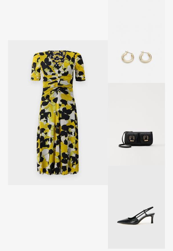 Vestido de estampado floral con un patrón amarillo, negro y blanco, escote en V, mangas cortas y detalles fruncidos en la cintura.; Tacón slingback negro de charol con punta afilada, que presenta un estampado de serpiente texturizado, correa ajustable y un tacón bloque corto y texturizado.; Bolso cruzado de cuero negro con dos bolsillos frontales, hebillas doradas, cierre de cremallera y una correa delgada. Superficie texturizada y forma rectangular compacta.; Lauren Ralph Lauren BASIC SMALL HOOP - Pendientes - gold-coloured
