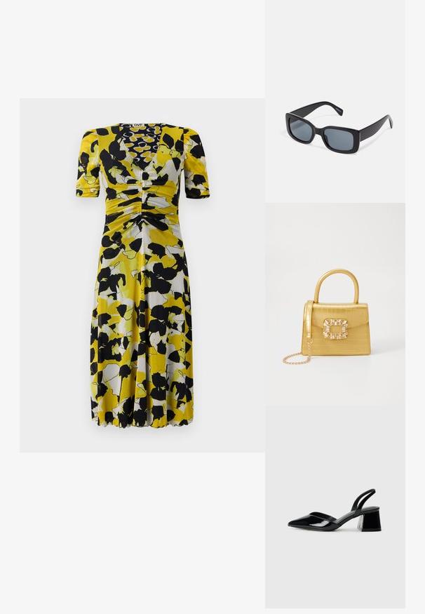 Lillelille trükk, kus on kollane, must ja valge muster, V-kaelus, lühikesed varrukad ja kogumise detail talje juures.; Mustad musta lakknahk kingad, millel on terav varvas ja geomeetriline plokkkonts. Omab elegantselt minimalistlikku disaini ja sujuvat tekstuuri.; Mustad mustad prillid tumedate läätsedega, paks plastikraam ja laiad templid. Sile pind ja nurgeline disain.; Kollane faux-krokodilli käsipindaga kott, millel on struktureeritud disain, ülemine käepide, eemaldatav kettmass ja dekoratiivne kristallkaunistus klambril.