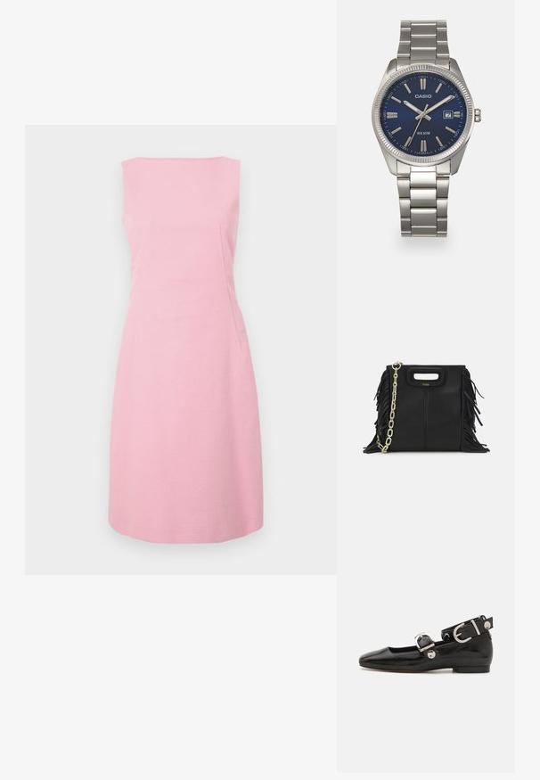 Rochie roz, fără manșon, dintr-un material texturat, cu un design ajustat și buzunare laterale. Guler rotund și lungime până la genunchi.; Pantofii plano din piele patent neagră, cu vârful pătrat, curea de gleznă cu accesorii din argint și talpă plată. Textură netedă cu un design minimalist.; Geantă de mână din piele neagră cu detalii din franjuri, curea de umăr din lanț auriu și un mâner cu tăietură. Prezintă plasarea logo-ului pe față.; Ceas de mână din oțel inoxidabil argintiu cu un cadran albastru marin, marcaje orare metalice și o fereastră pentru dată la ora 3. Rezistent la apă până la 50 de metri.