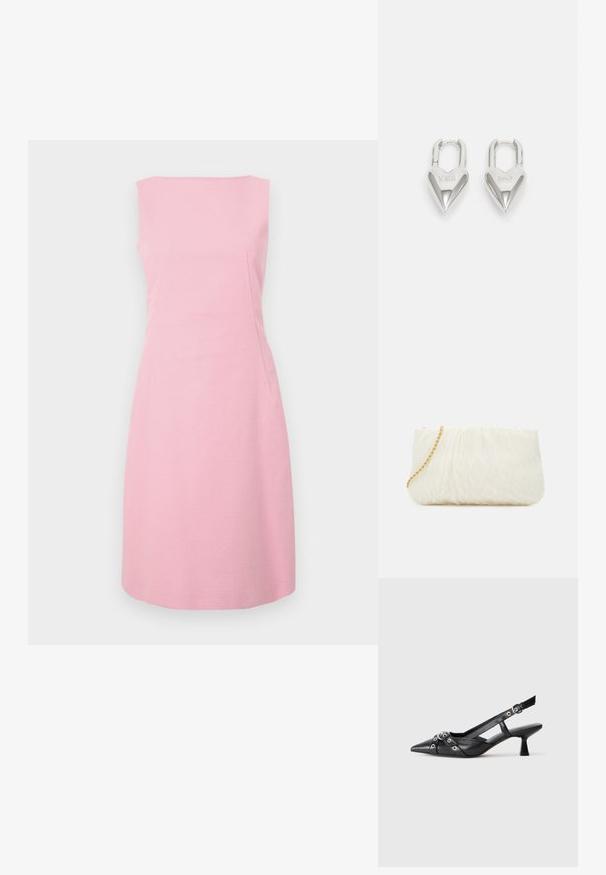 Vaaleanpunainen hihaton tuubimekko teksturoidusta kankaasta, tiukka malli ja sivutaskut. Pyöreä kaula-aukko ja polvipituinen helma.; Mustat nahkakengät, joissa on avonainen takaosa ja kärjessä terävä muoto, koristevyöt, joissa on metalliset reiät, sekä matala lohkoepohja. Teksturoitu pinta.; Valkoinen teksturoitu laukku, jossa on kasattuja muotoja ja kultaketjuolkaimet. Sujuva pinta, jossa on hienovaraisia aaltoja ja pyöristetyt reunat.; Hopeakuvioiset sydämen muotoiset rakkaussulkeet, joissa on kaiverrettu "KYLLÄ" ja "EI" -tekstit, kiiltävä pinta, symmetrinen muotoilu ja kestävä metalliovi.