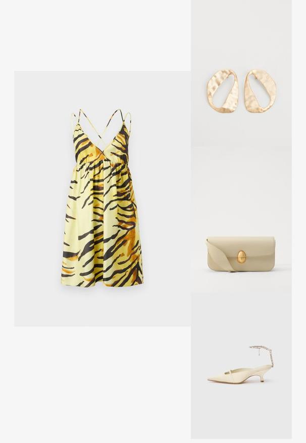 Nanushka CEIL - Päevakleit - yellow; Kreem värviga terava nina ja õhukese eesrihmaga slingback kontsad, millel on eheline pahkluu rihm valgel taustal.; Beež nahast käekott, millel on sile tekstuur, ristküliku kujuline ja kuldne ovaalne lukustus. Omab pikka, reguleeritavat rihma.; Eba paar eba ebaorditud ovaalkujulisi kuldehhe kaal setertu, kerge keersuju pinnaga valgel taustal.