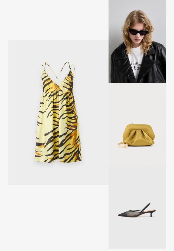 Nanushka CEIL - Nappali ruha - yellow; NEOUS IRENA - Klasszikus sarkú cipők - black; Fekete napszemüveg, amely elegáns, szögletes formájú. A modellen fekete bőrkabát van egy fehér póló felett, amelyen nyomtatott szöveg található, semleges háttér előtt.; Sárga, puha tapintású clutch táska kialakított felső résszel, ráncolt aljjal és vékony, levehető pánttal. Cipzáras zárás a tetején.