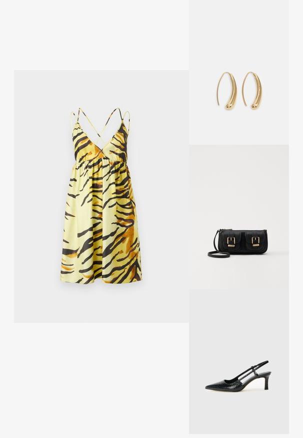 Nanushka CEIL - Kasdienė suknelė - yellow; Juodai lakuoti slingback aukštakulniai su smailiu nosiu, su tekstūruotu gyvatės raštu, reguliuojama juosta ir trumpu, tekstūruotu blokiniu kulnu.; Juodas odinis per petį nešiojamas krepšys su dviem priekiniais kišenėmis, auksiniais sagtimis, užtrauktuko uždarymu ir siauromis petnešomis. Textūruota paviršius ir kompaktiškas stačiakampis formatas.; Auksinės metalinės auskarų kabės su lenktą, pailgą forma. Turi lygų, blizgantį paviršių ir užapvalintą galiuką papildomam akcentui.