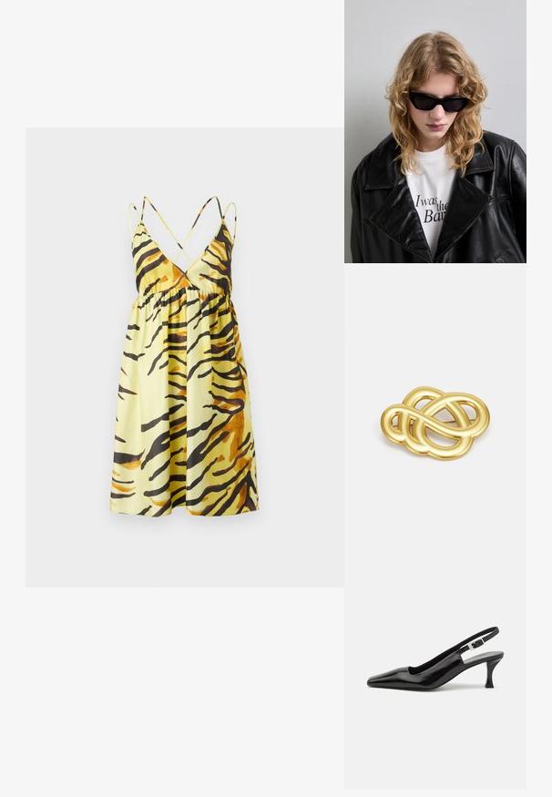 Nanushka CEIL żółty; Czarne lakierowane buty na obcasie ze zapięciem slingback, z wydłużonym noskiem i srebrnym detalem w postaci klamry na pięcie, cechujące się gładkim, błyszczącym wykończeniem.; Czarne okulary przeciwsłoneczne o nowoczesnym, kanciastym designie. Model ma na sobie czarną skórzaną kurtkę na białej koszuli z nadrukowanym tekstem, na neutralnym tle.; Brożka w odcieniu złotym z knotowym wzorem, posiadająca gładkie, zaokrąglone linie oraz misterny kształt, odzwierciedlająca wypolerowaną powierzchnię.