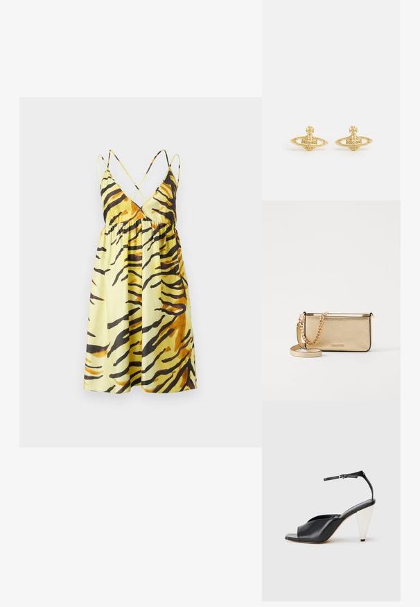 Nanushka CEIL - Kasdienė suknelė - yellow; Juodos odinės aukštakulnės šlepetės su atvira nosimi, asimetrišku dizainu, kulkšnies dirželiu ir metaliniu kūgio formos kulnu. Visas paviršius lygus.; Metaliniu auksu padengtas odinis rankinukas su tekstūruotu paviršiumi, kuris turi auksinį grandinėlės dirželį ir nuimamą petį. Įspaustas prekės ženklas.; Vivienne Westwood MINI BAS RELIEF EARRINGS - Auskarai - gold-coloured