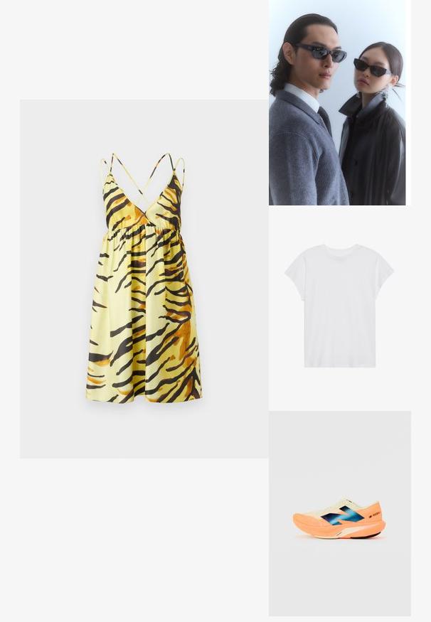 Nanushka CEIL - Dnevna haljina - yellow; Bijela majica kratkih rukava s okruglim izrezom, opuštenog kroja, izrađena od mekanog pamučnog materijala. Glatka tekstura, bez uzoraka ili logotipa.; Trkaća cipela s laganim krem gornjim dijelom, plavim oznakama i narančastim detaljima na potplatu. Mrežasti tekstur za prozračnost.; Naočale s anguliranim crnim okvirom na modelu u sivoj dukserici, koja prikazuje teksturirano pletenje, i crna kožna jakna koju nosi drugi model.