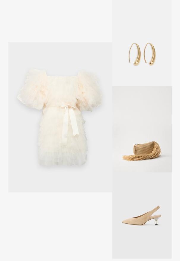 Ida Sjöstedt EXCLUSIVE CRYSTAL DRESS - Kokteilinė suknelė / vakarėlių suknelė - ivory; Šviesiai rudos suknelės suknelės su smailiu pirštu ir skaidriu, apvaliu kulnu. Lygus tekstūros ir minimalistinis dizainas.; Cult Gaia VIERA - Delninukė - natural; Auksinės metalinės auskarų kabės su lenktą, pailgą forma. Turi lygų, blizgantį paviršių ir užapvalintą galiuką papildomam akcentui.