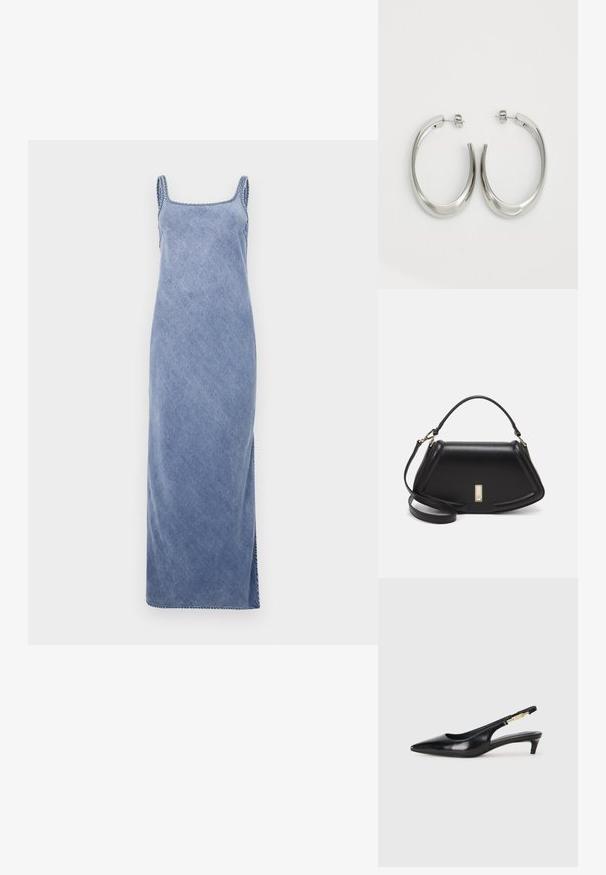 Blå denim maxiklänning med fyrkantig hals, tunna band och sidoflikar, med en något texturerad yta och kontrasterande sömmar.; Svart läder slingback-hälar med spetsig tå, med en smal klack och en guldtonad detalj på den justerbara remmen. Slät textur.; Svart läderhandväska med en strukturerad design, som har en avskuren form, ett handtag upptill och guldiga detaljer. Justerbar axelrem ingår.; Silverfärgade hoopsörhängen med en slät, böjd design. Har en glänsande metallisk yta och ett stiftlås. Inga synliga mönster eller detaljer.