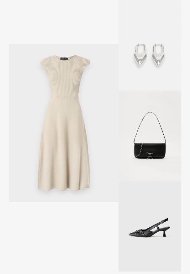 Šviesiai smėlinės spalvos megztas suknelė su briaunotu audiniu, trumpomis rankovėmis ir platėjančia sijonu. Paprastas, priglausdamas dizainas be matomų užsegimų.; Juodas odinis slingback tipo batai su smailiu priekiniu atvartu, dekoratyvinėmis sagtimis su metaliniais akyčiais ir žemu blokiniu kulnu. Saldus paviršius.; Juodas odinis delninukas su sidabro spalvos grandinele, papuoštas dekoratyviniais sparnų akcentais ir balta siūle apačioje.; Sidabrinės širdelės formos užraktai su išgraviruotais žodžiais "TAIP" ir "NE", poliruotas paviršius, simetriškas dizainas ir tvirtas metalinis užraktas.