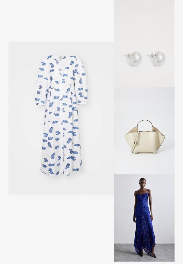 Vestido blanco con estampado floral azul, escote en V, mangas largas abullonadas y cintura fruncida, hecho de tejido ligero, hasta la rodilla.; Vestido maxi de estampado animal en azul y morado con tirantes finos, un cuerpo ajustado, dobladillo acampanado y detalles de superposición transparente.; Ree Projects ANN - Bolso de mano - beige; Pendientes de perla plateada con forma curva de frijol. Superficie lisa y brillante, asegurados con un cierre de bayoneta.
