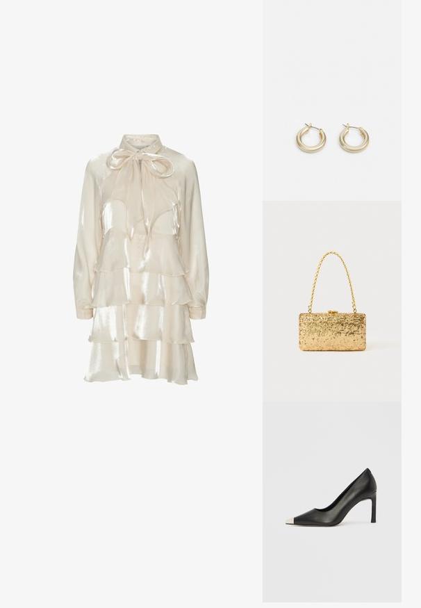 Krēms satīna gara piedurkne kleita ar slāņveida volāniem un lielu loku, kas sasiets ap apkakli.; Melns ādas augstpapēžu kurpes ar smailu purngalu un metāliski sudraba uzgali. Ir gluda apdare un slaids 10 cm augsts papēdis.; Zelta sekmju soma ar taisnstūra formu, kurai ir savīti ķēdes rokturi un metāla aizdare, kas atspoguļo gaismu ar teksturētu apdari.; Lauren Ralph Lauren BASIC SMALL HOOP - Auskari - gold-coloured