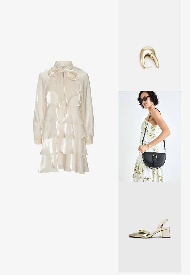 Kremfarget satin langermet kjole med lagdelte volanger og en stor sløyfe knyttet ved kragen.; Gull, metallisk slingback-hæler med spiss tå og chunky hæl. Glatt tekstur, minimalistisk design og en smal stropp.; Svart lærveske med en buet form, avtagbar stropp og gullbeslag. Vesken har et klaff med spenne-detall.; Gullfarget metalløredobber med et elegant, buet design. Har en karakteristisk spiss form, polert overflate og hengsel-lukking.