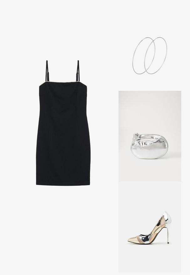 Černé mini šaty s tenkými ramínky a rovnou výstřihem. Mají přiléhavý střih a strukturovaný okraj podél výstřihu.; Lodička s špičatou špičkou a kombinací stříbrné, zlaté a tělové barvy. Lesklý povrch s vykrojeným designem, s jehlovým podpatkem.; Stříbrná kovová taška s měkkým, zaobleným tvarem a uzávěrem s uzlem. Vyrobena z hladké umělé kůže.; Stříbrné kruhové náušnice s minimalistickým designem. Kruh, hladký povrch a tenký profil. Lehká konstrukce s lesklým povrchem.