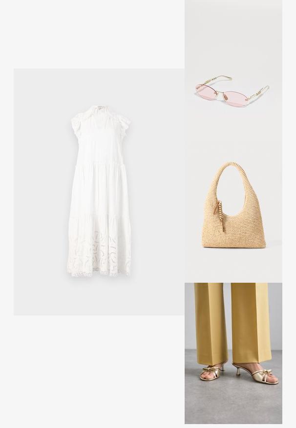 Λευκό βαμβακερό φόρεμα με σχεδίαση σε στρώσεις, ρυτίδες στους ώμους και περίπλοκες κοπές κοντά στο στρίφωμα.; Stuart Weitzman FELICITY BOW SLIDE - Μιουλ με τακούνι - platino; Gucci Γυαλιά ηλίου - gold-coloured/pink; Πλεγμένη μπεζ τσάντα χειρός με καμπύλη λαβή, υφής επιφάνεια και καφέ λεπτομέρεια με φούντα. Φέρει στυλ χαλαρής hobo.