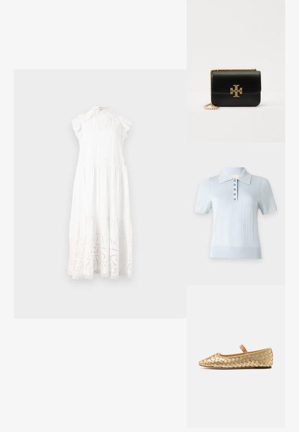 Valkoinen puuvillamekko, jossa on kerroksellinen muotoilu, frillaolkapäätyt ja monimutkaiset leikkuukuvioinnit helman läheisyydessä.; Vaalea sininen lyhythihainen polo-paita, jossa on ribbikuviointi, litteä kaulus ja etupaneeli, jossa on kuusi samansävyistä nappia.; Loeffler Randall LEONIE SOFT BALLET FLAT - Ballerinat nilkkaremmillä - gold; Mustat nahkalaukku kultasävyisellä ketjuolkaimella ja logotunnuksella. Ominaisuuksiin kuuluu suorakulmainen muoto ja taitettavalla läpällä. Tasainen pinta.