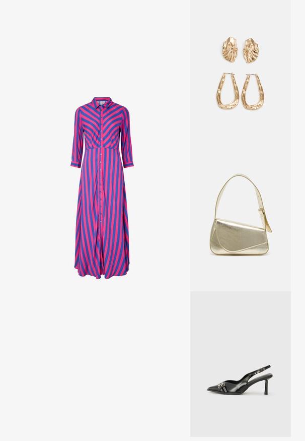 Csíkozott ruha hosszú ujjal, kék és rózsaszín átlós csíkokkal, gombos elülső résszel és gallérral. Simább, könnyű szövetből készült.; Fekete lakk bőr, hegyes orrú slingback cipő, boka pántokkal, ezüst csatokkal és hardverelemekkel, valamint karcsú sarkú.; Arany fémes kézi táska, strukturált dizájnnal, sima felülettel és állítható pánttal. Egyedi háromszög alakú, minimalistának mondható varrásokkal rendelkezik.; Aranyszínű fülbevalók, texturált, hullámos formákkal. Tartalmazza a szobrászati klipszes studokat és az open hoop kialakítást, kalapácsos felülettel.