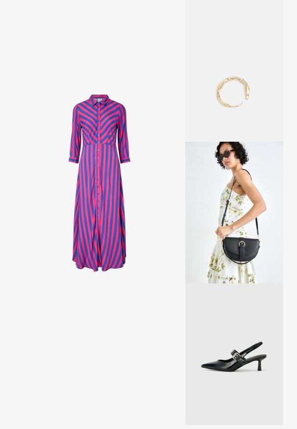 Pasiasta sukienka z długimi rękawami, w niebiesko-różowe ukośne paski, z guzikami z przodu i kołnierzykiem. Wykonana z gładkiego, lekkiego materiału.; Czarne lakierowane szpilki slingback z wąskim noskiem i małym słupkiem, z ozdobnym srebrnym klamrą na pasku.; Czarna skórzana torebka o zakrzywionym kształcie, z odpinanym paskiem i złotymi akcentami. Torebka posiada klapę z zapięciem w kształcie klamry.; Pierścionek w odcieniu złota z organicznym, skręconym wzorem, o gładkiej fakturze i zwężających się końcach, tworzący nowoczesny, rzeźbiarski wygląd.