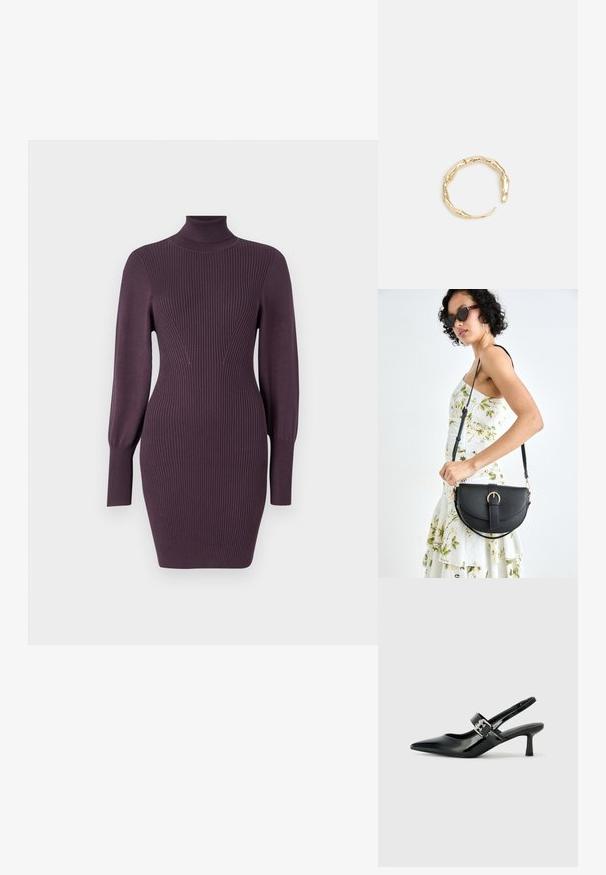Sünnitud kõrge kaelusega kleit sügavas lilas, millel on ribakujuline tekstuur, slim-fit lõige ja pikad varrukad, millel on toestatud mansetid. Sile kangas, minimaalne detailide arv.; Mustad patenteeritud nahast sildiga kontsad, millel on terav nina ja väike plokk-konts, mille rihmal on hõbedane pandla aksessuaar.; Mustmust mustraha kõverate joontega, eemaldatava rihmaga ja kuldsete detailidega. Kotil on klapp, millel on pandladetail.; Kuldtoonis sõrmus, millel on orgaaniline, keerdunud disain sileda tekstuuri ja kitsenevate otstega, luues kaasaegse skulptuurilise välimuse.
