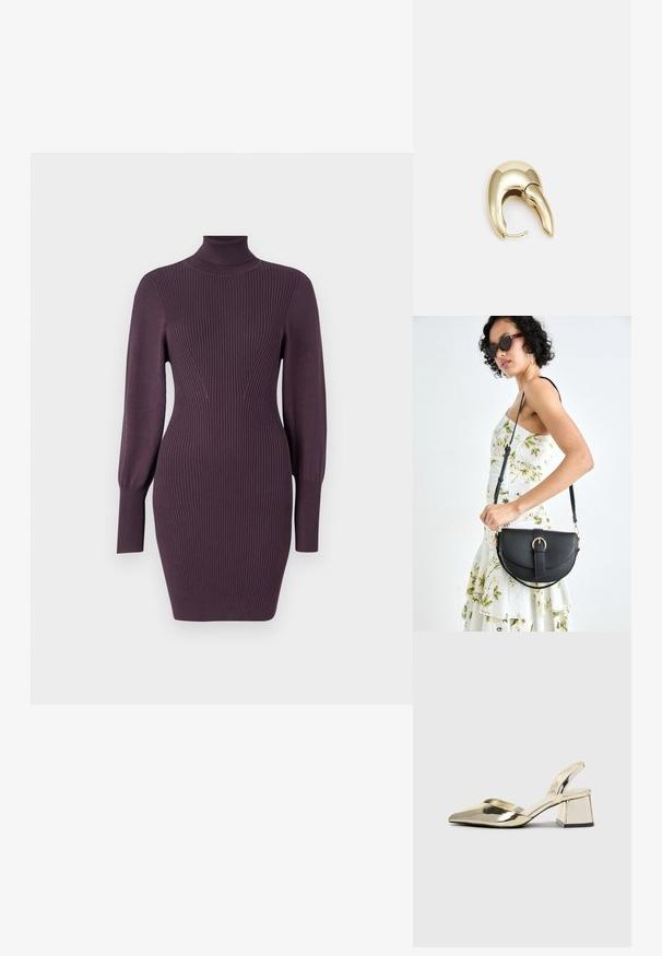 Vestido de gola alta tricotado em púrpura profundo, com textura canelada, corte justo e mangas longas com punhos ajustados. Tecido suave, com detalhes mínimos.; Sapatos de salto alto metálicos dourados, com biqueira em ponta e salto grosso. Textura suave, design minimalista e uma tira estreita.; Bolsa de couro preta com forma curva, alça destacável e detalhes em dourado. A bolsa possui uma aba com detalhe de fivela.; Brinco em metal dourado com um design elegante e curvo. Apresenta uma forma pontiaguda distinta, superfície polida e fecho por dobradiça.