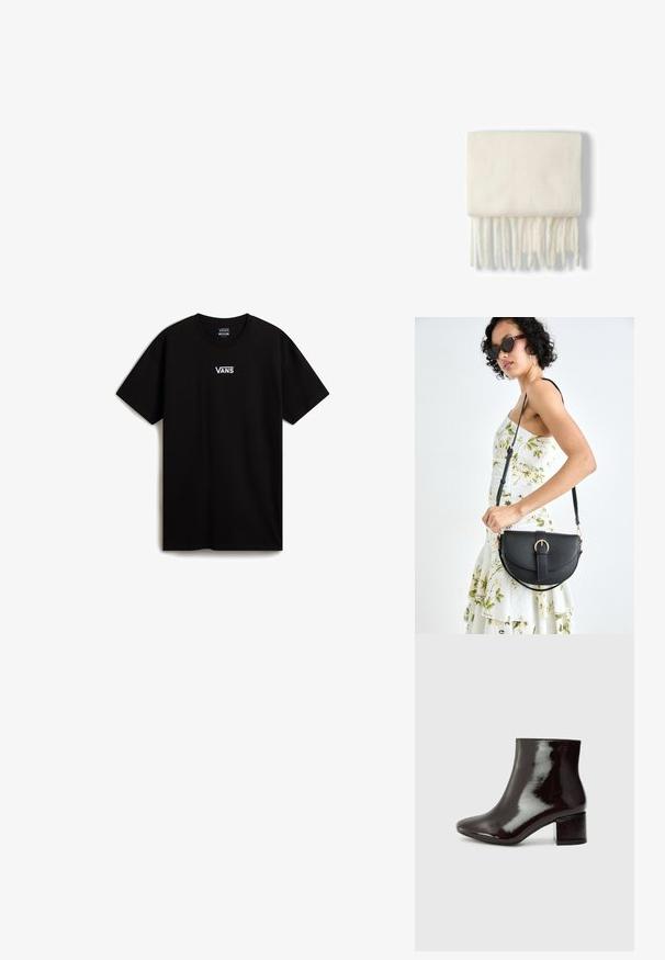 Sort bomulds t-shirt med rund hals og korte ærmer. Bemærkelsesværdig hvid logo på brystet, med en afslappet pasform og glat tekstur.; Sorte patenterede læder ankelstøvler med spids tå og en chunky hæl. Glat tekstur med en subtil glans og rene linjer, minimalistisk design.; Bershka PLAIN-COLOURED - Sjal / Tørklæder - white; Sort læderhåndtaske med en buet form, aftagelig rem og guldfinish. Tasken har en klap med en spænde detalje.