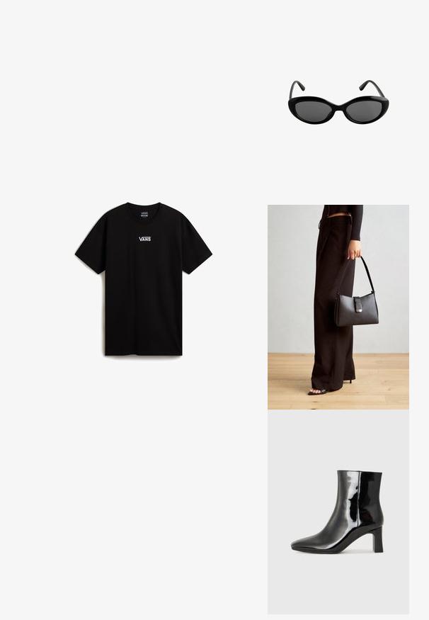 Black cotton t-shirt featuring a crew neckline and short sleeves. Notable white logo on the chest, with a relaxed fit and smooth texture.; Black patent leather ankle boot with a pointed toe and a mid-height block heel. Smooth texture and minimalist design.; Black sunglasses featuring an elongated, cat-eye shape with dark lenses and smooth, shiny plastic frames.; Black handbag with structured shape, smooth texture, and a metallic clasp. Paired with wide black pants and open-toe sandals on wooden floor.