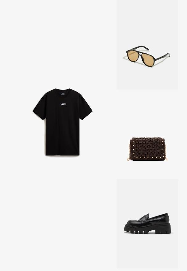 T-shirt in cotone nero con scollo a girocollo e maniche corte. Logo bianco ben visibile sul petto, con una vestibilità comoda e una texture liscia.; Mocassini in pelle nera con suola piatta spessa e texturizzata e una fascia decorativa sulla parte superiore. Finitura liscia e lucida.; Occhiali da sole neri con lenti a sfumatura marrone; forma rettangolare con una montatura spessa, inclusi sottili dettagli metallici sulle astine.; Borsa a pochette intrecciata marrone con una finitura testurizzata, hardware dorato e borchie decorative lungo i bordi. Include una tracolla a catena.